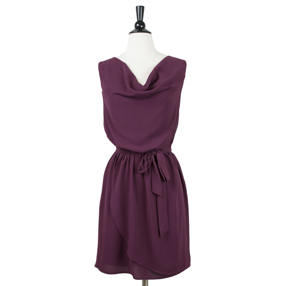 Dark Purple Draped Neck Sleeveless Belted Knee Length Dress